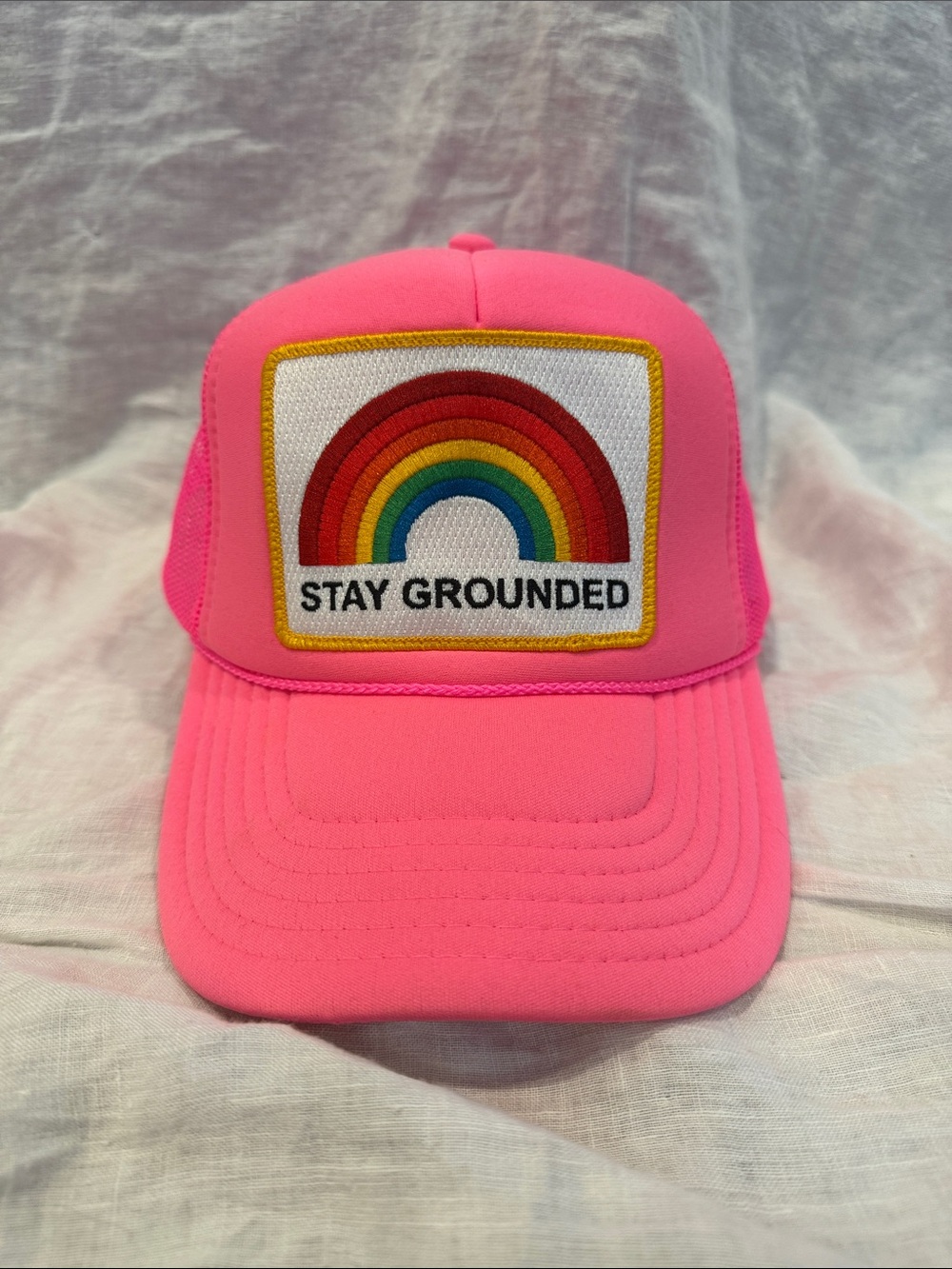 Aviator Nation Hot Pink Trucker Hat with Rainbow Stay Grounded Patch